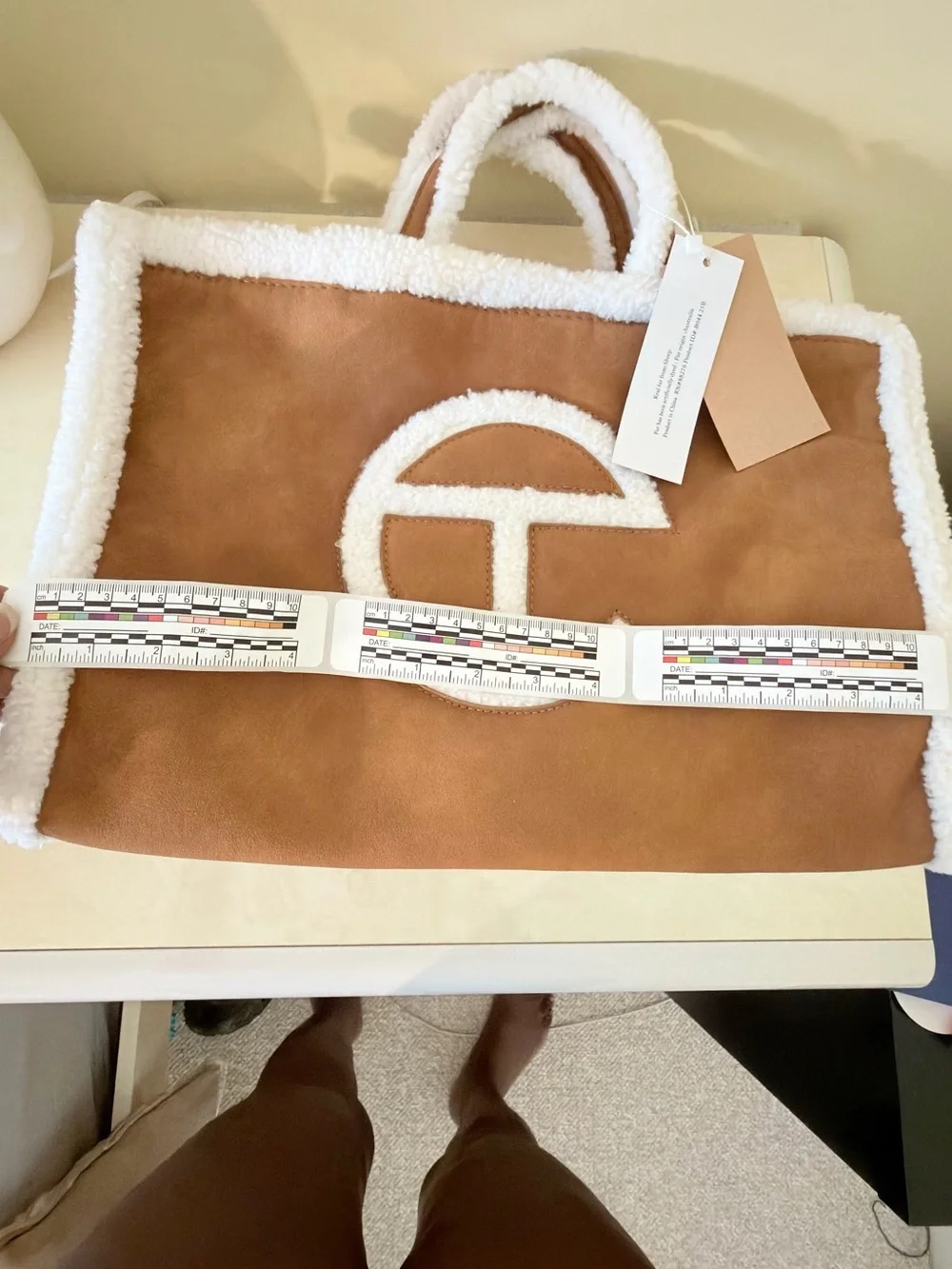 Shearling Trim Suede Tote Bag - Brown
